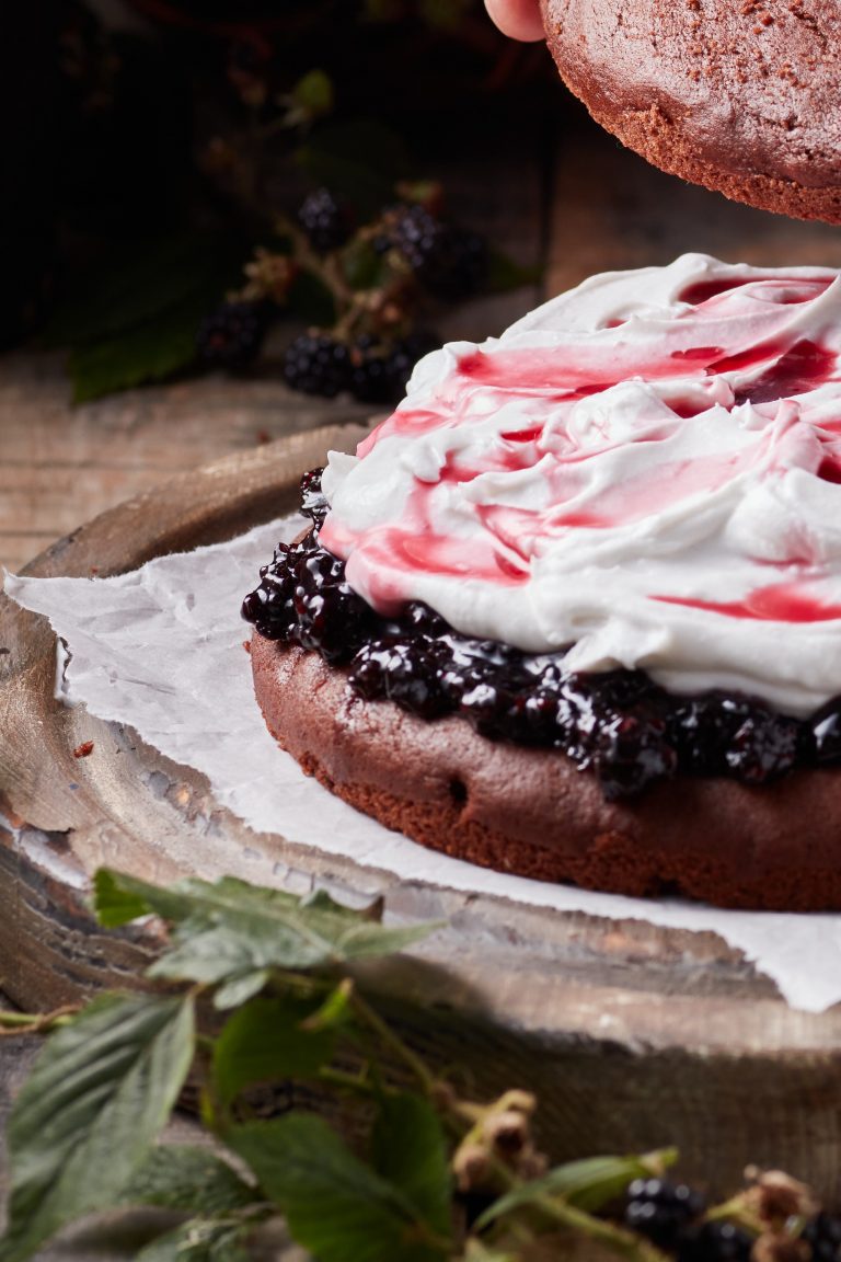 The best blackberry jam in a chocolate gateau