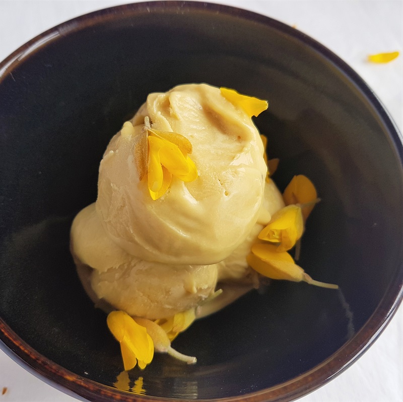 a serving of gorse flower ice cream decorated with yellow gorse flowers