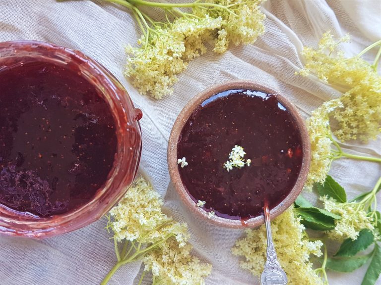 Homemade strawberry jam with elderflowers