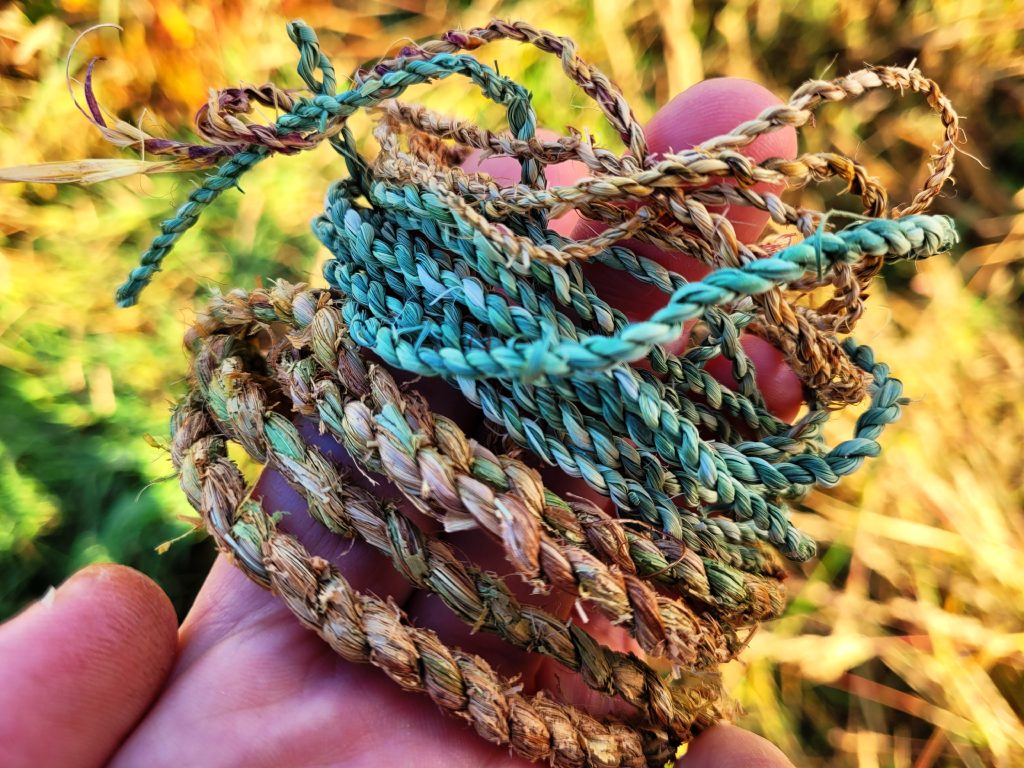 3 types of cordage (string) made from garden and wild plants