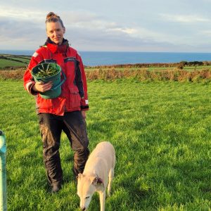 Rachel Lambert forager, standing in a field with a bucket of dandelion roots, a dog and a spade