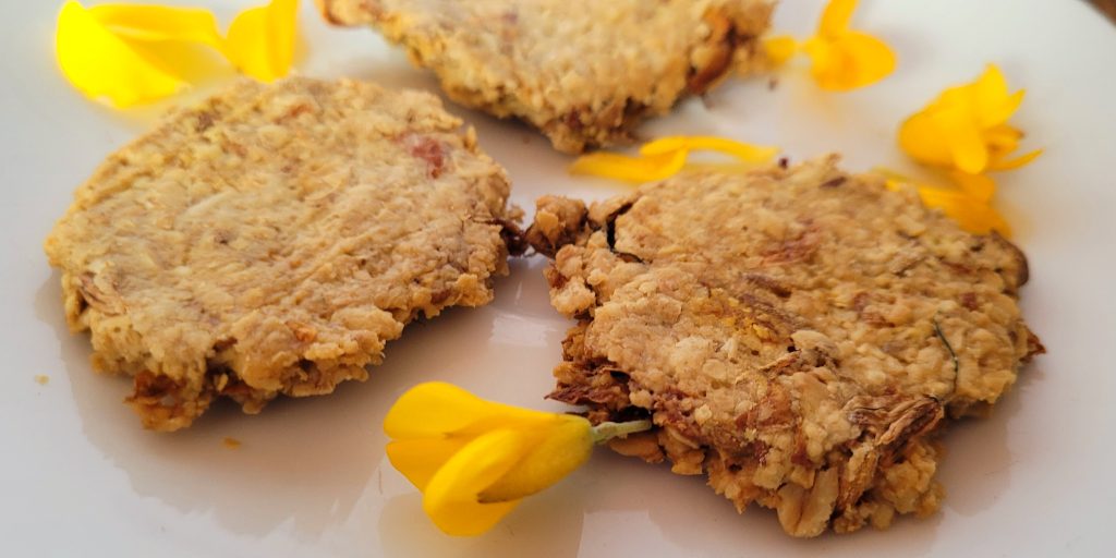 Close up of freshly baked wild gorse oatcakes, made by hand in Cornwall by a forager