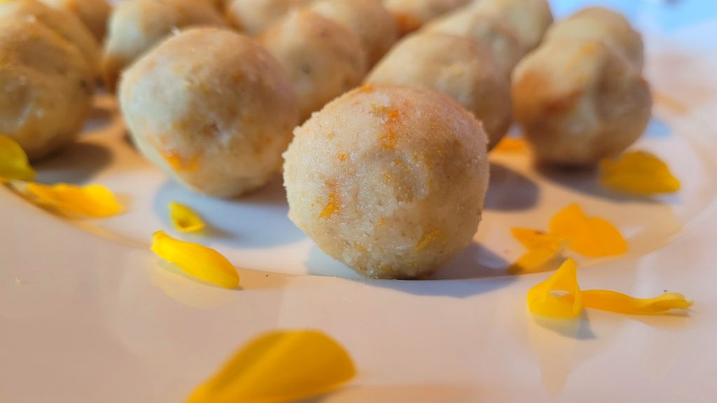 Close up of homemade vegan gorse truffles