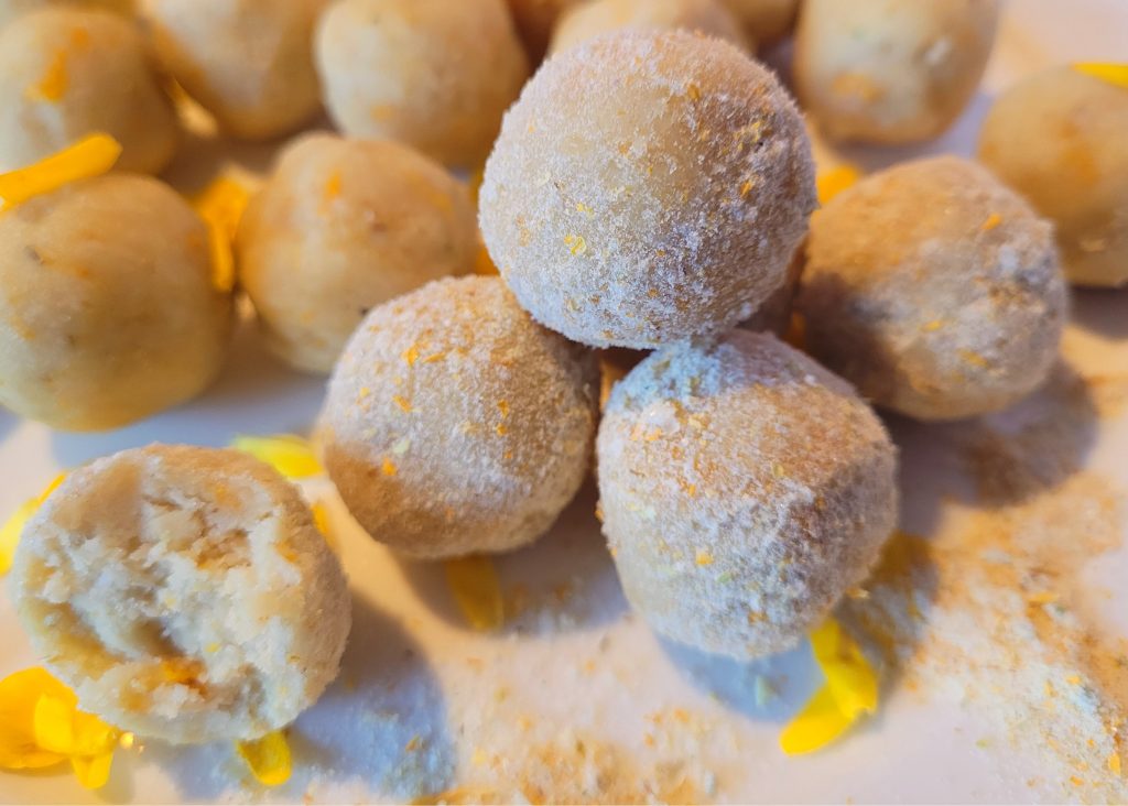 Homemade truffles dusted with gorse sugar