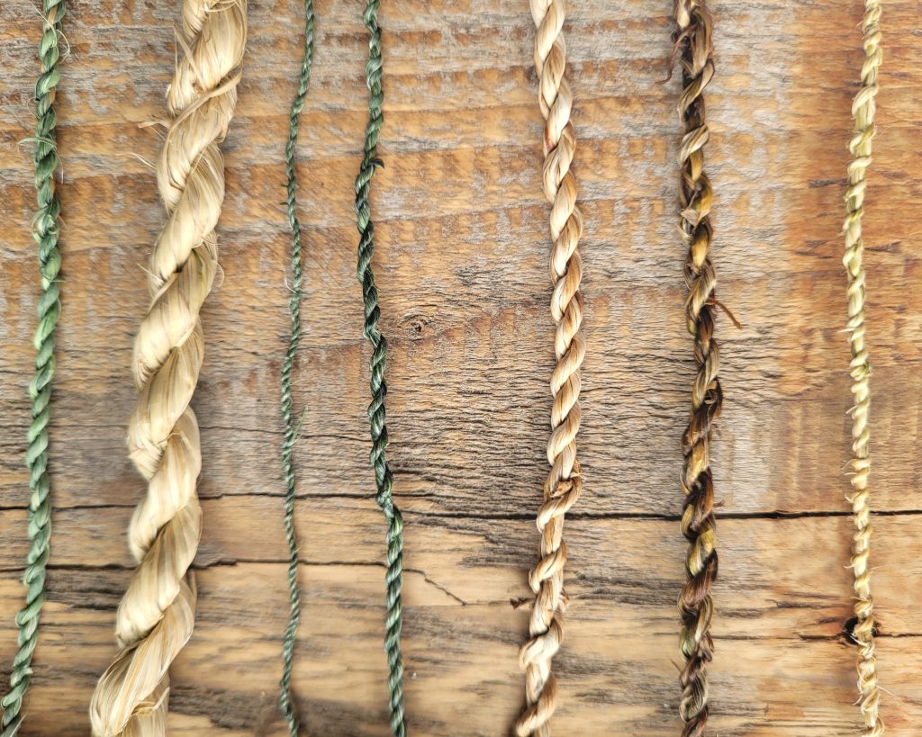 Examples of five different strings made from wild and Cornish plants in Cornwall, made by forager Rachel Lambert