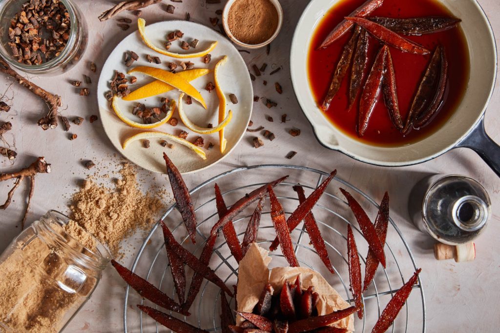 Aerial view of making candied orange peel flavoured with dandelion 'coffee'