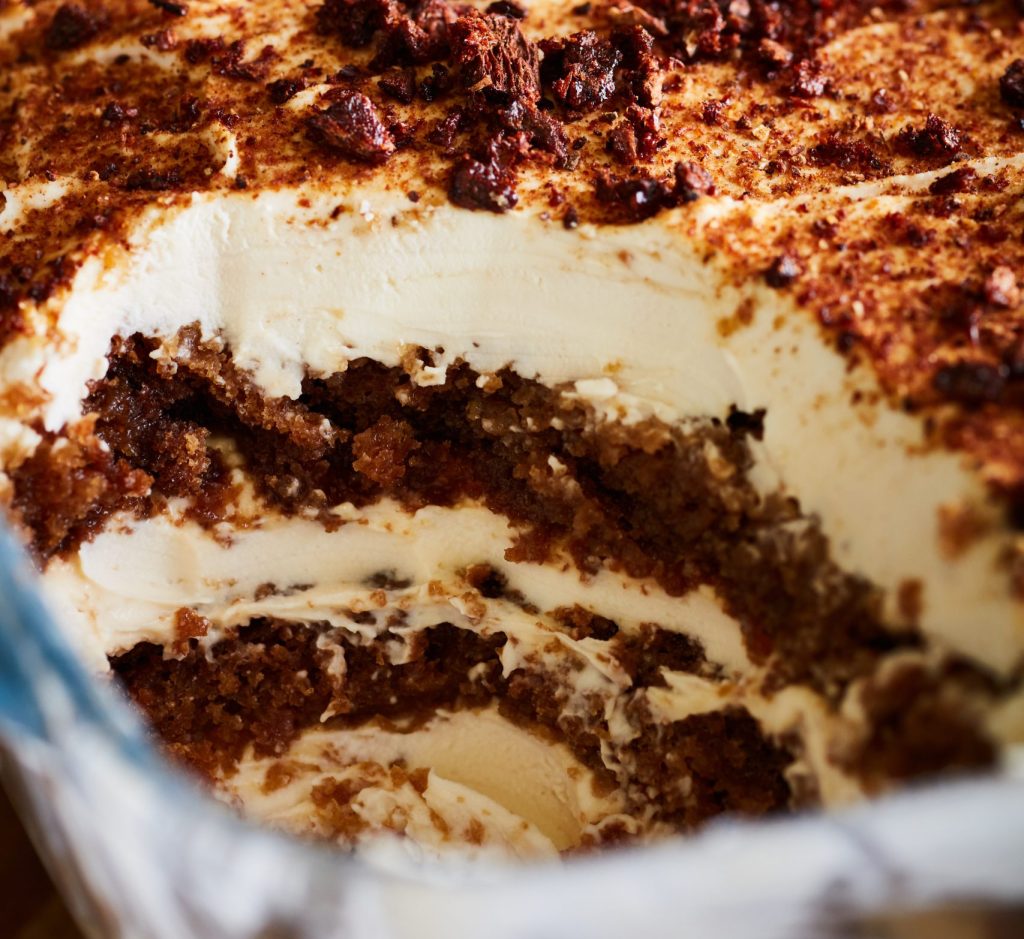 Detailed close up of a wild-inspired dandelion 'coffee' tiramisu