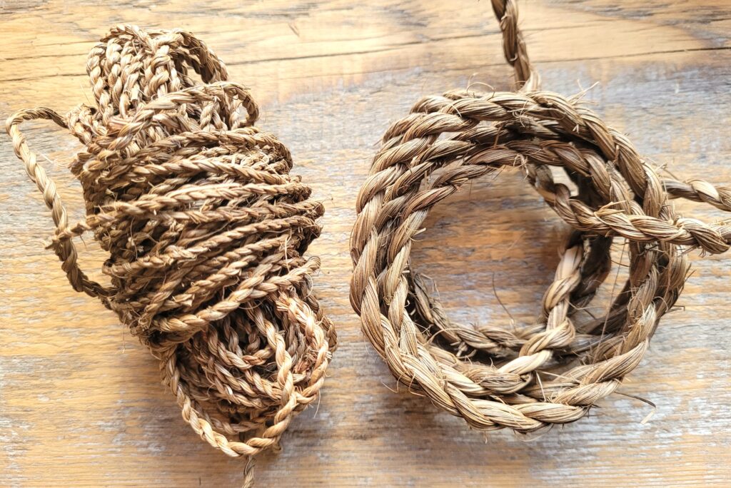 Aerial view of brown plant string and rope made from plant fibres