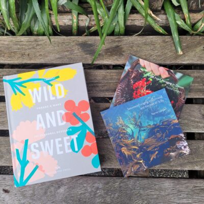 Aerial view of Rachel Lambert's foraging books outside