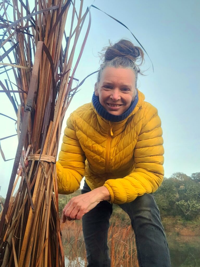 Forager Rachel Lambert standing with a bunch of freshly cut bullrushes for weaving