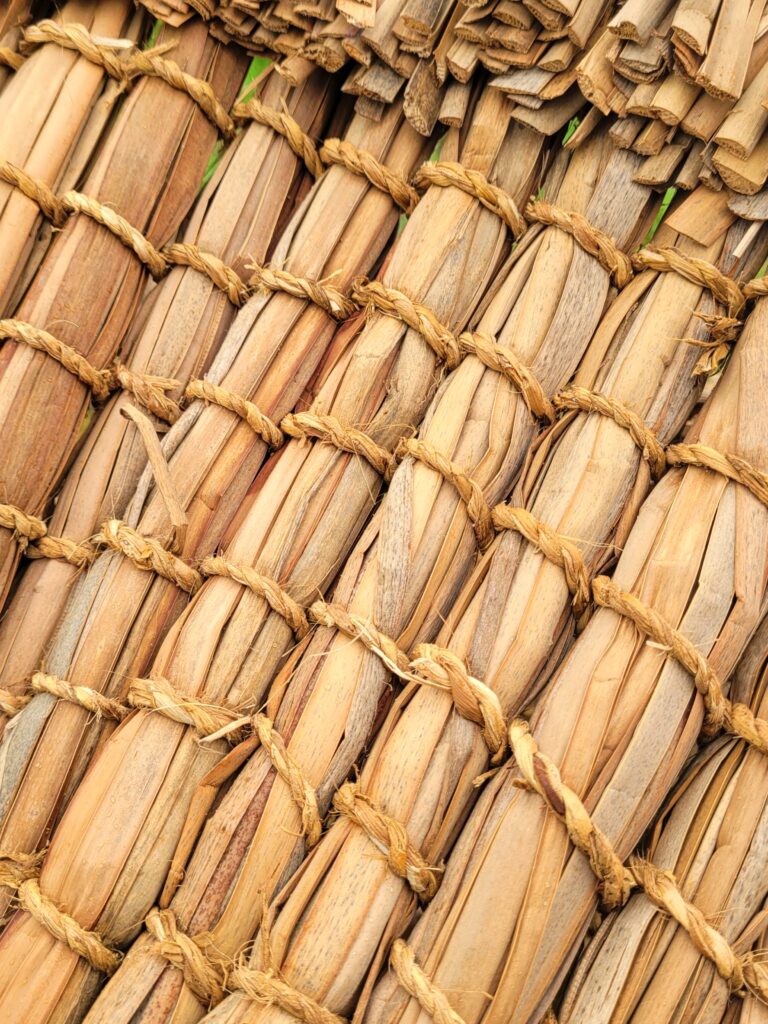 Details of kishie, bound bullrushes with yucca cordage