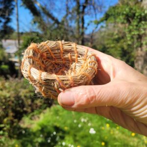 Hand holding a single straw coil pot with a blue sky and grass bank in the background
